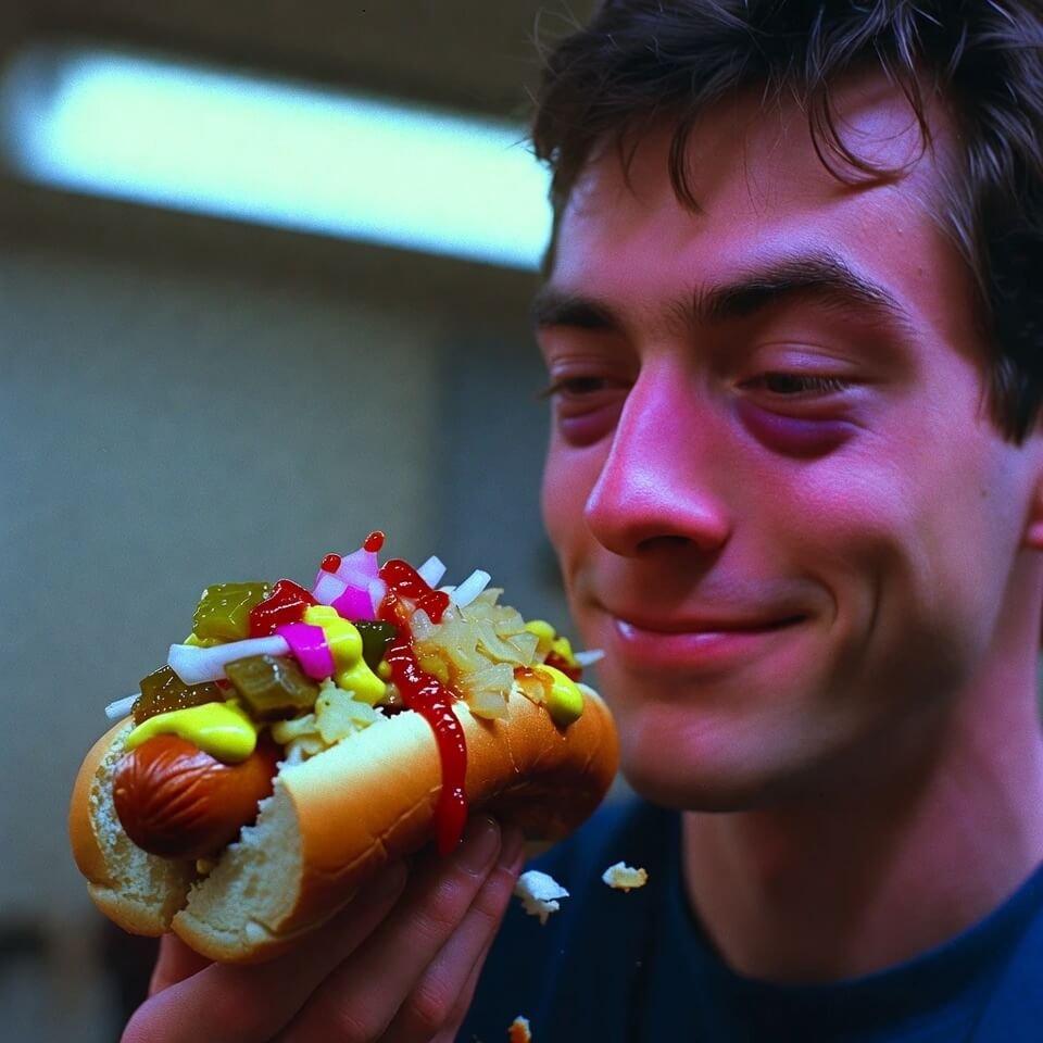 Tired person forcing smile while holding messy falling-apart loaded hot dog.