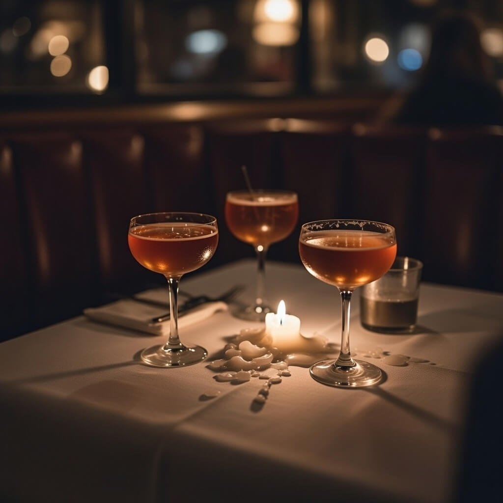 Dimly lit cocktails and melted candle in booth