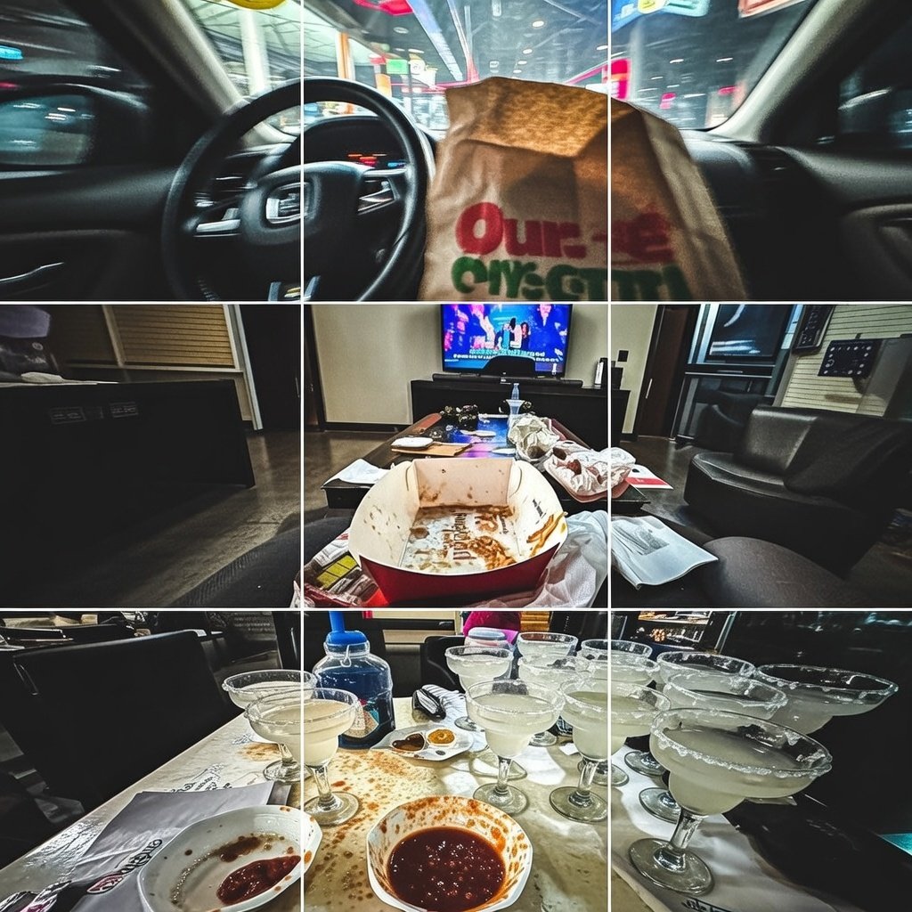 Blurry drive-thru selfie, half-eaten bowl, and spilled margaritas