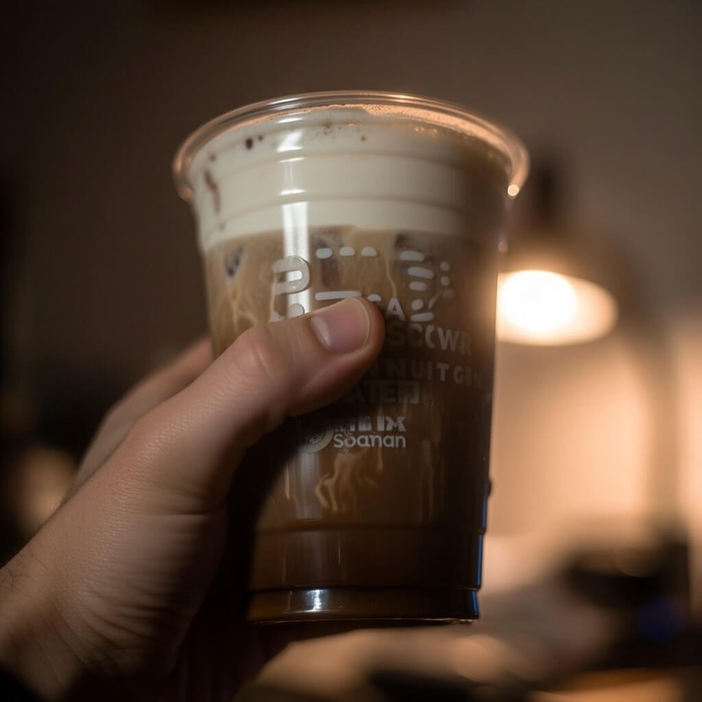 Blurry low-angle shot of melting iced brown sugar espresso, thumb in frame.