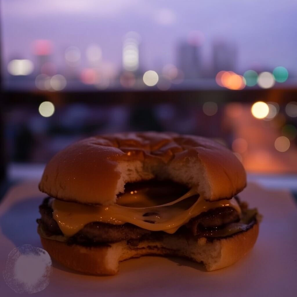 Half-eaten cheeseburger with stretching cheese and city lights bokeh.