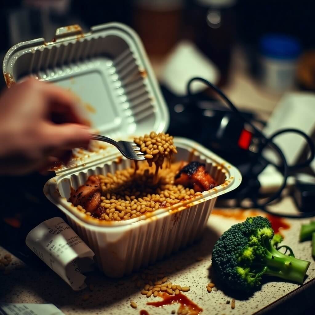 Blurry hand grabbing forkful of saucy farro bowl