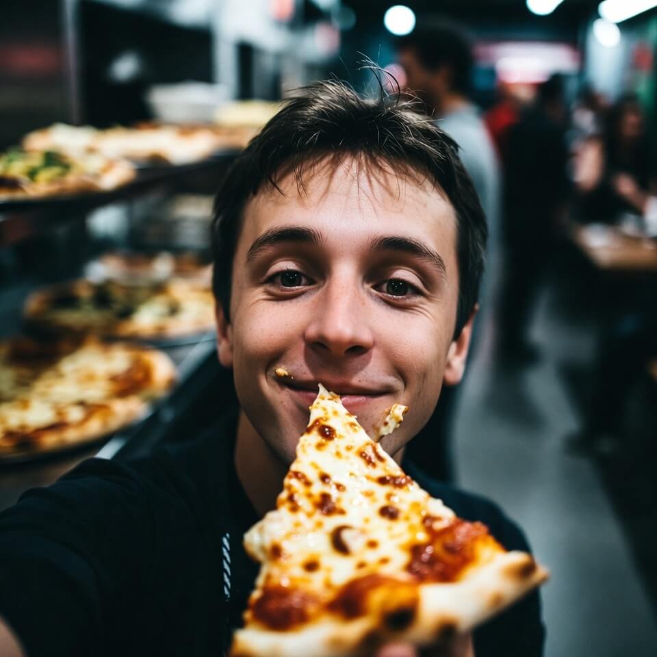 Blurry selfie with cheesy pizza slice and sauce on chin
