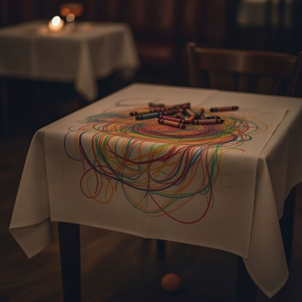 Kid's colorful spaghetti drawing with crayons and rogue meatball