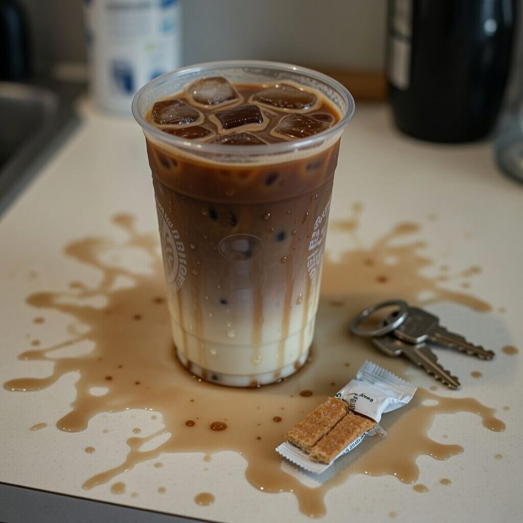 Overhead view of venti iced white mocha with condensation puddle, keys, and protein bar wrapper.