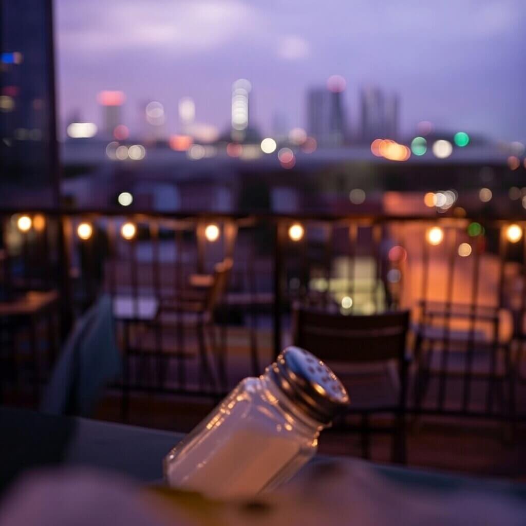 Tipped salt shaker on rooftop table with string lights and skyline glow.