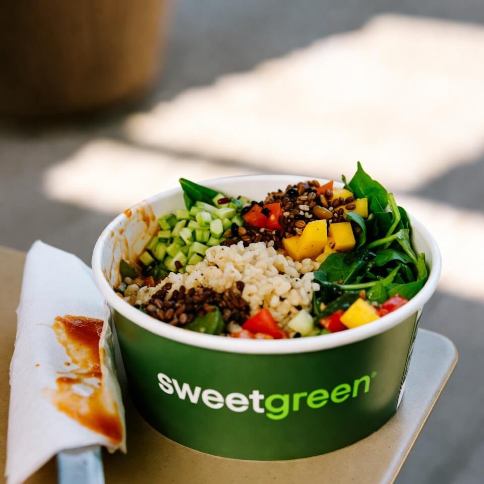 Half-eaten Sweetgreen bowl with stained napkin nearby