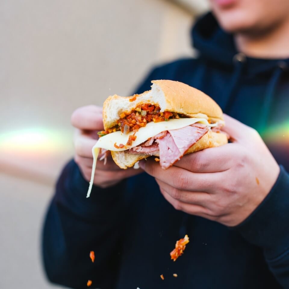 Hand holding messy chopped Italian sub, cheese dripping on hoodie