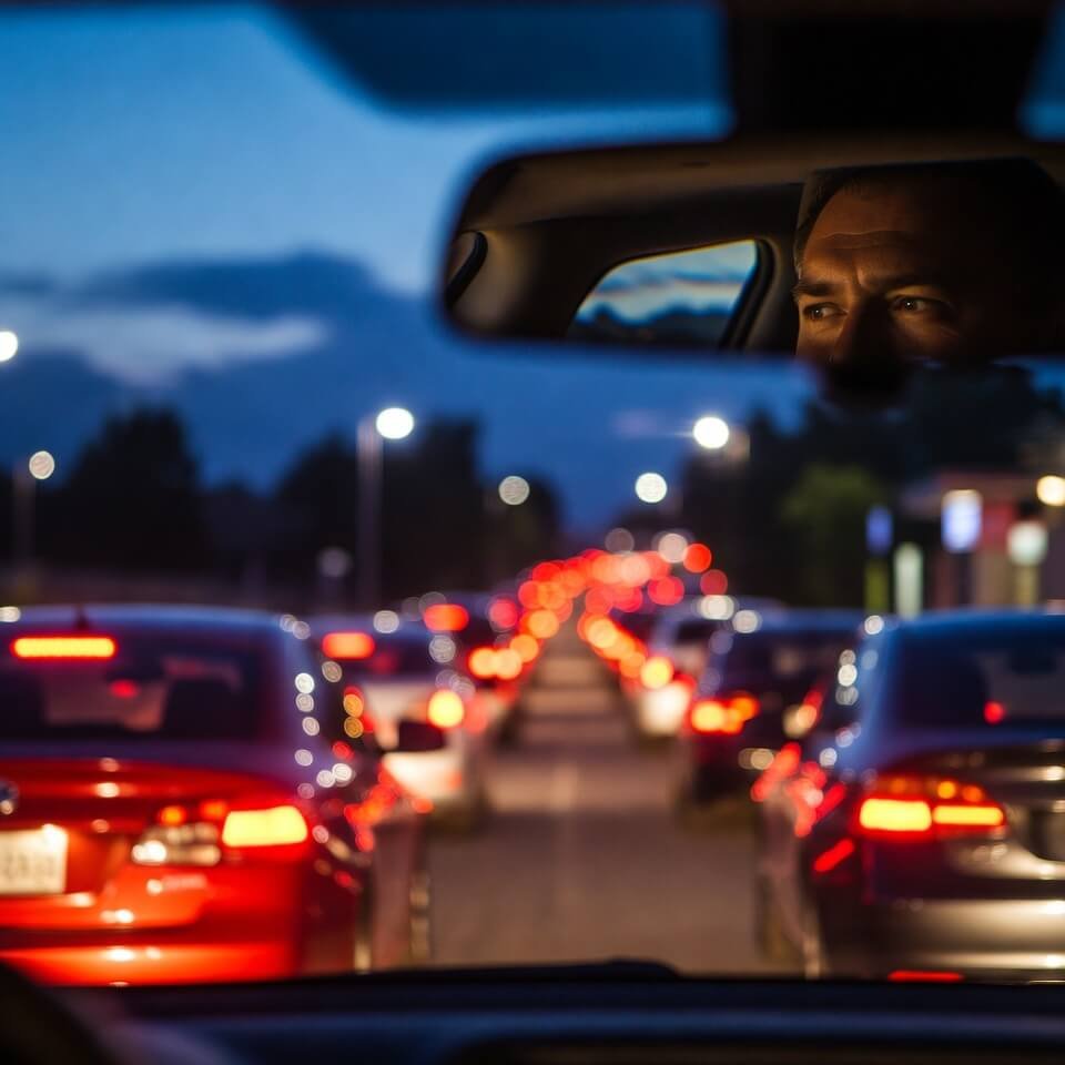 Impatient driver in rearview during endless dusk drive-thru line