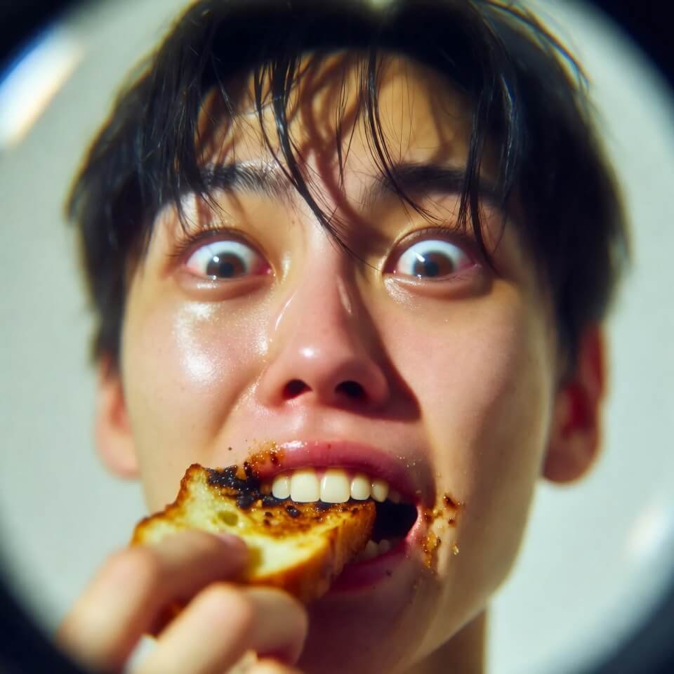 Selfie of person crying-laughing eating spicy black garlic toast