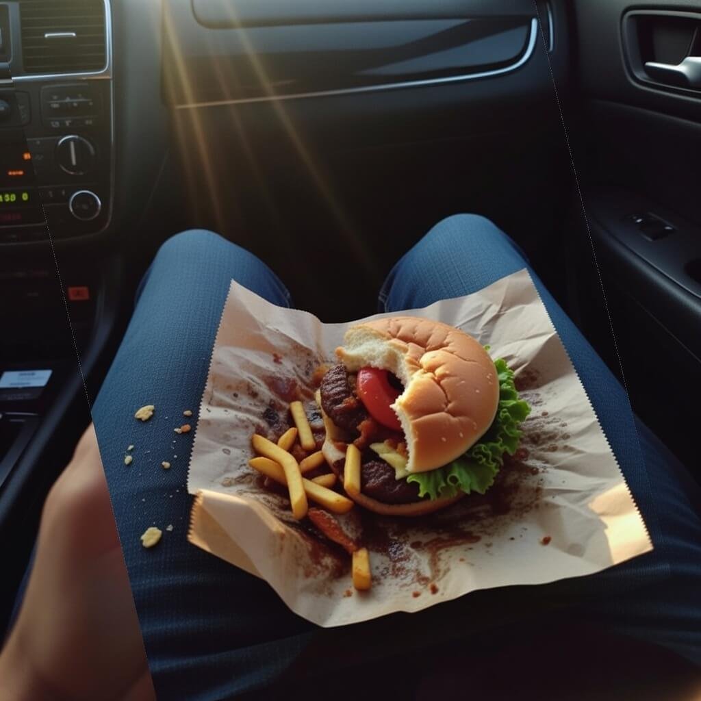 Half-eaten burger on greasy wrapper in car seat, crumbs on jeans.
