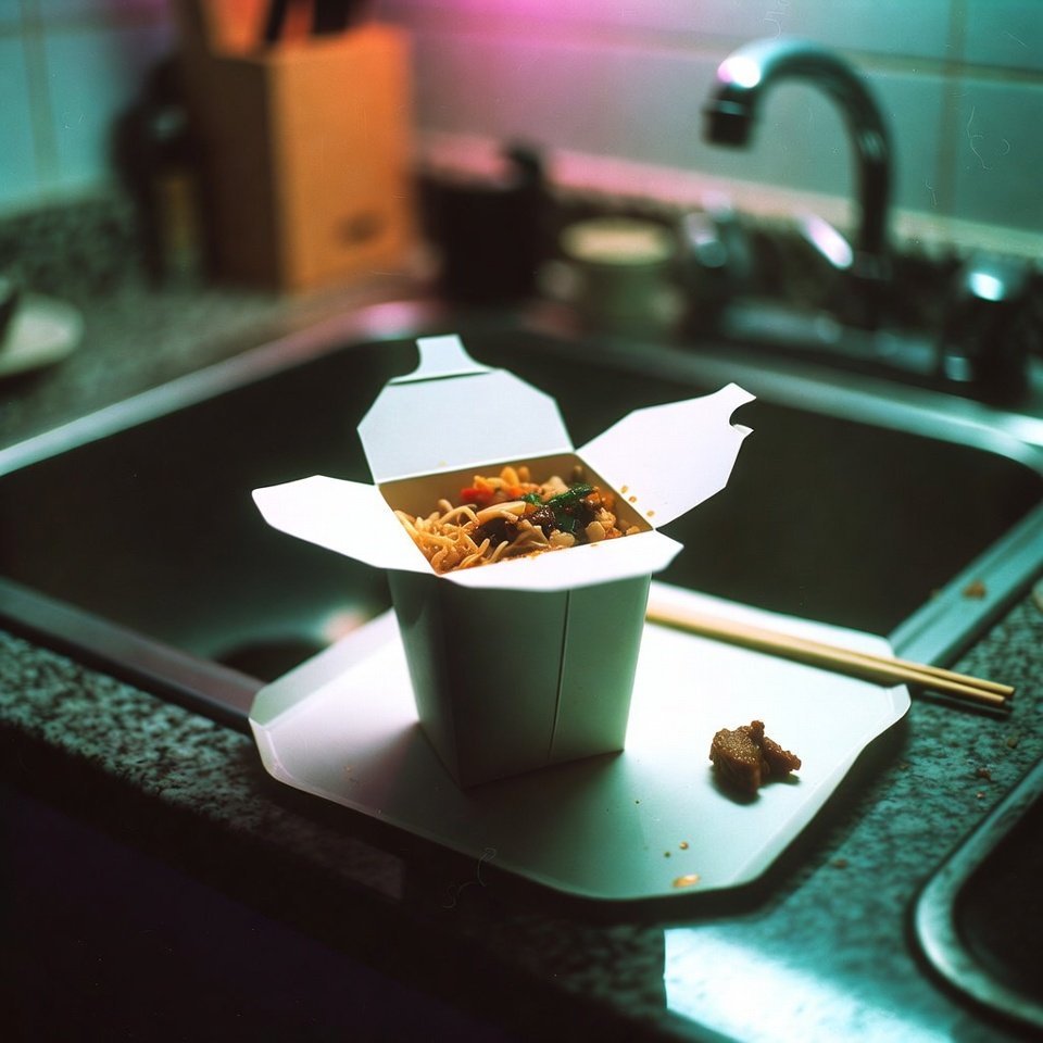 Lonely leftover sushi in open takeout box at 1 a.m.