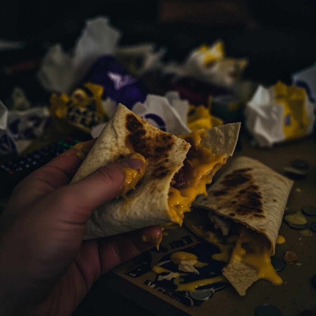 Manhandled Crunchwrap Supreme with oozing cheese on fingers in dim light