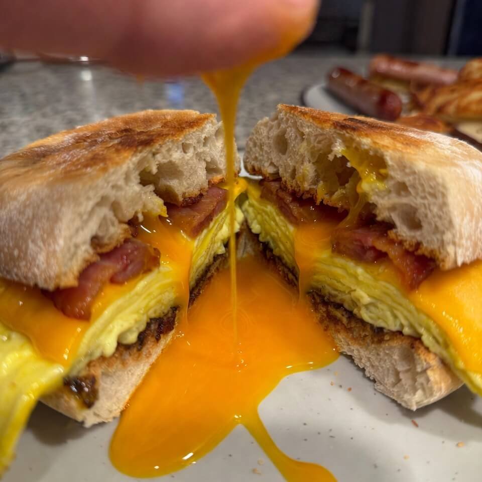 Blurry breakfast sandwich with exploding yolk and thumb