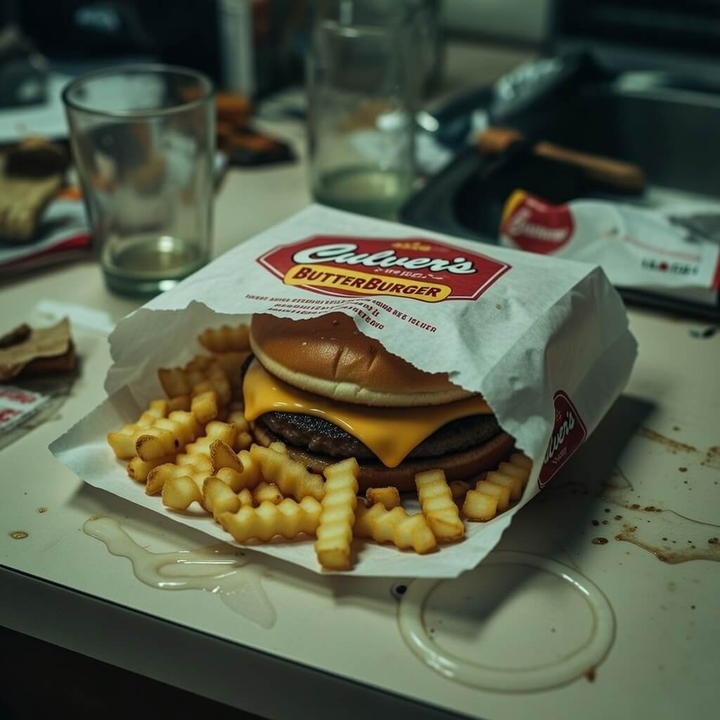 Culver’s ButterBurger oozing cheese on kitchen table mess