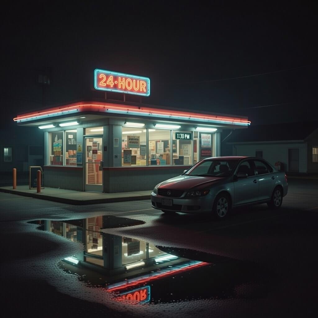 Lonely car outside flickering neon diner at night, puddle reflection.