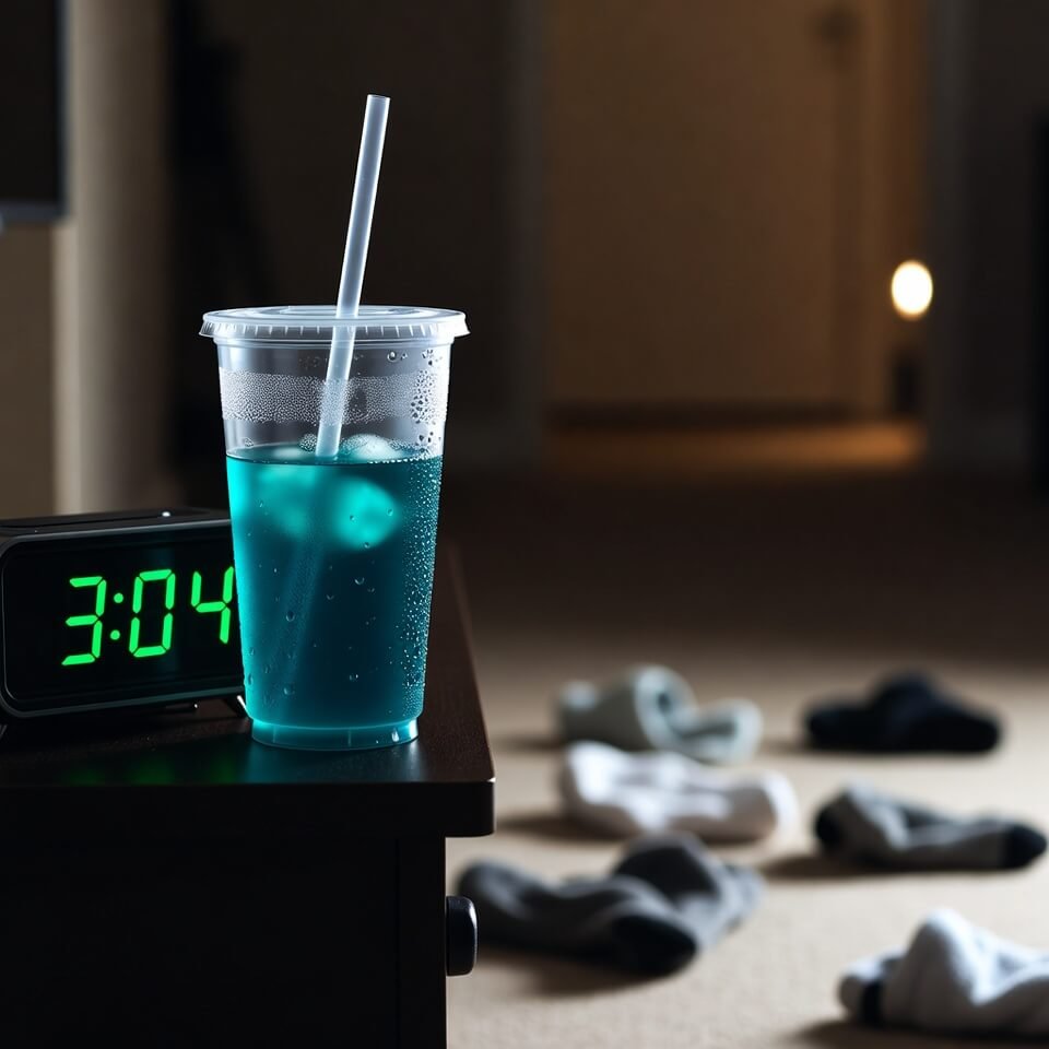 Sweaty half-drunk Baja Blast cup on nightstand at 3:04 a.m. with socks