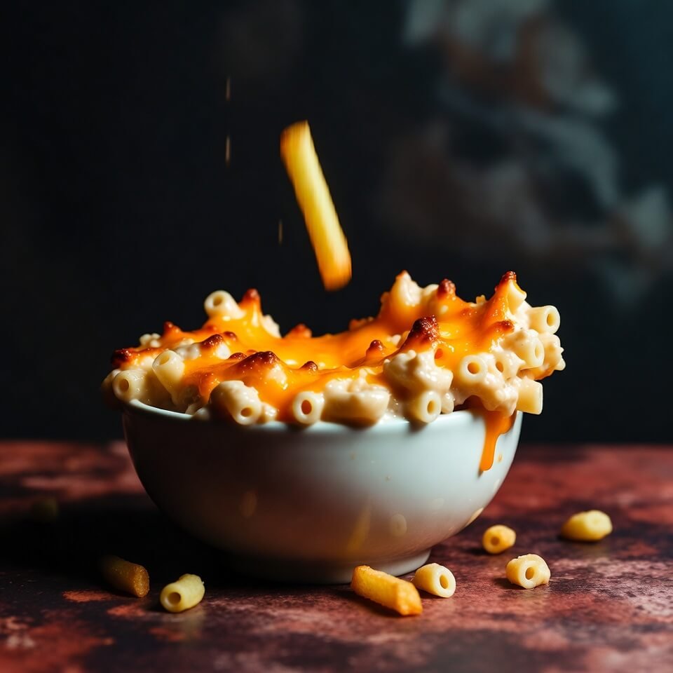Mac and cheese bowl mid-spill with flying fry