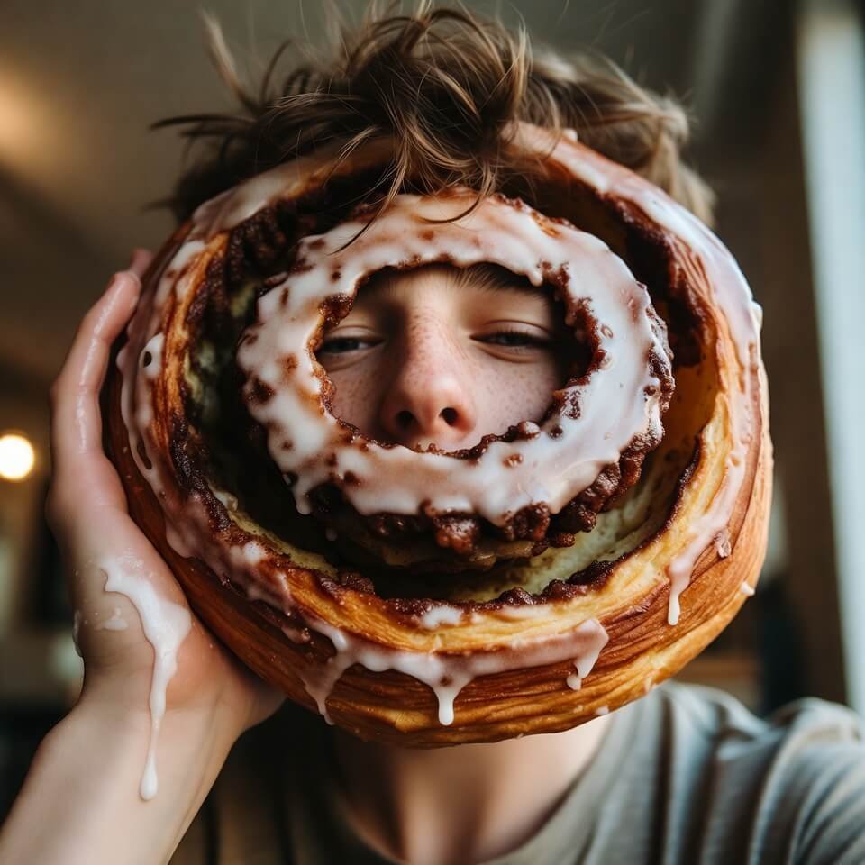 Dazed selfie holding giant cinnamon roll, icing dripping