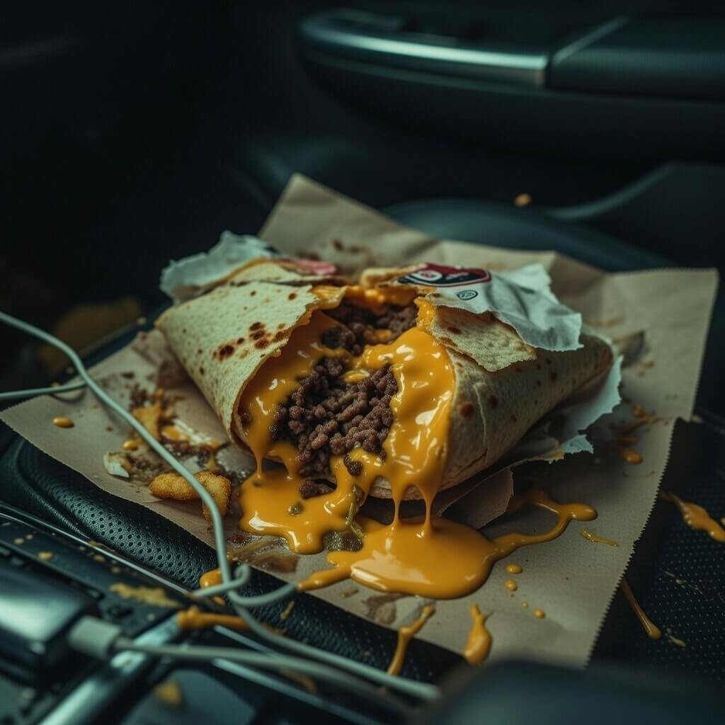 Torn Taco Bell Crunchwrap with nacho cheese spill in car
