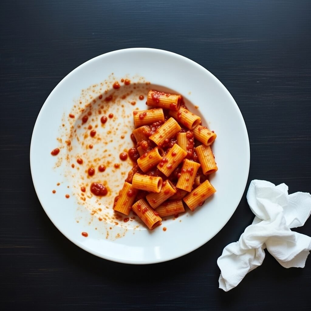 Half-eaten rigatoni plate with sauce smears and crumpled napkin.