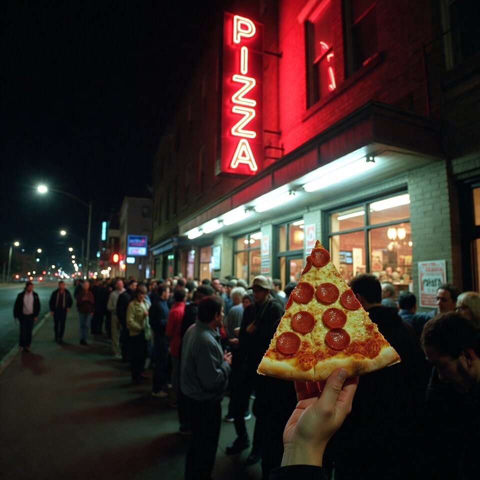 Greasy pepperoni slice held up triumphantly outside busy Prince Street Pizza at night.