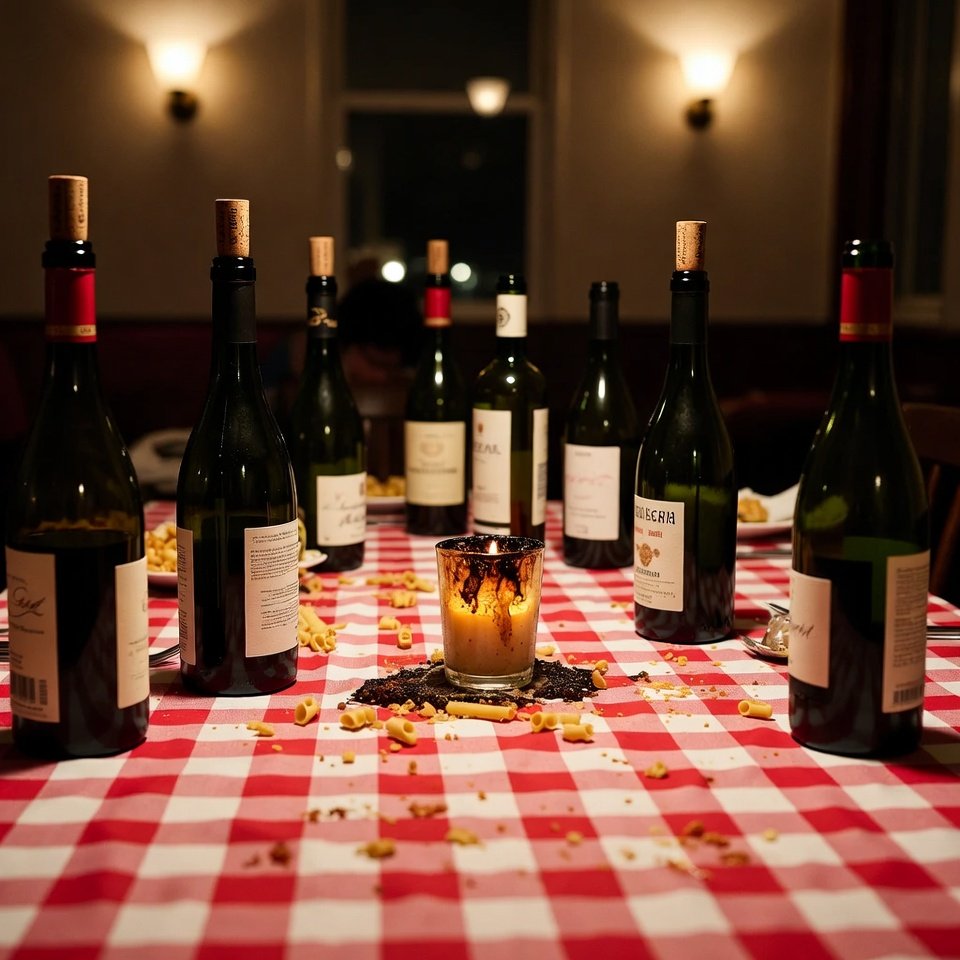 Red-checkered table littered with empty wine bottles and pasta crumbs