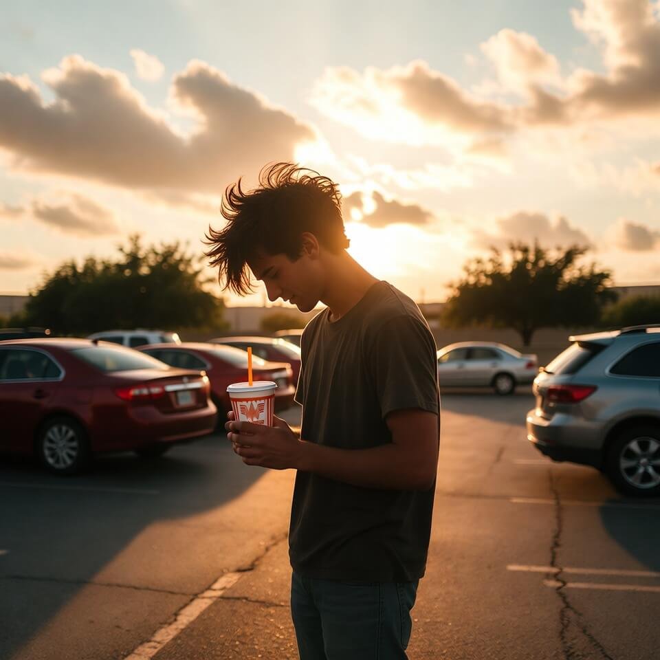 Person in parking lot at golden hour holding Whataburger cup, looking tired but content
