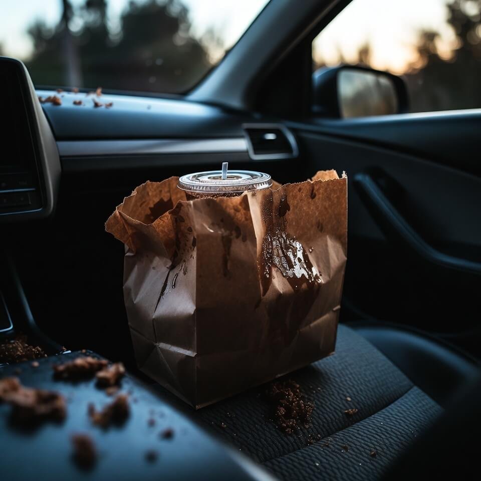 Greasy drive-thru bag and sweaty soda cup in car at dusk