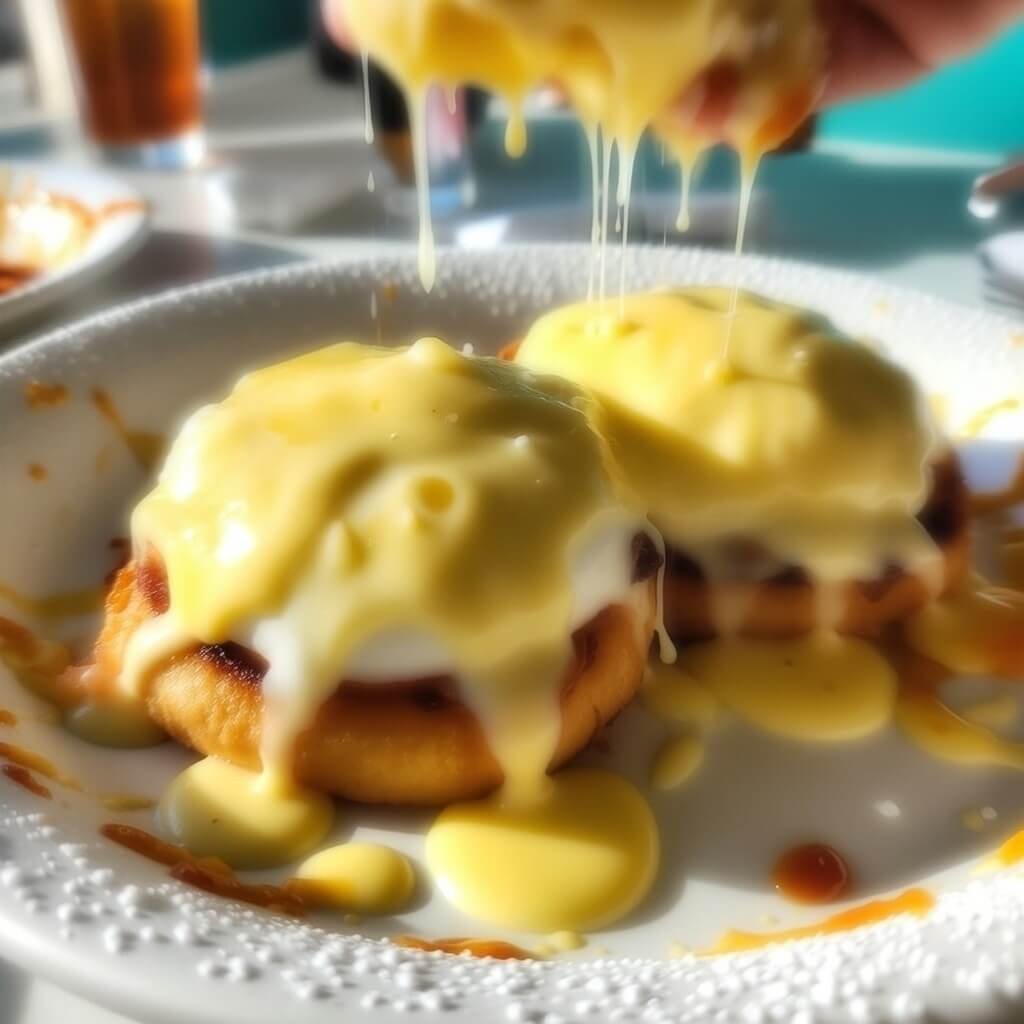 Dripping hollandaise on poached eggs benedict close-up.