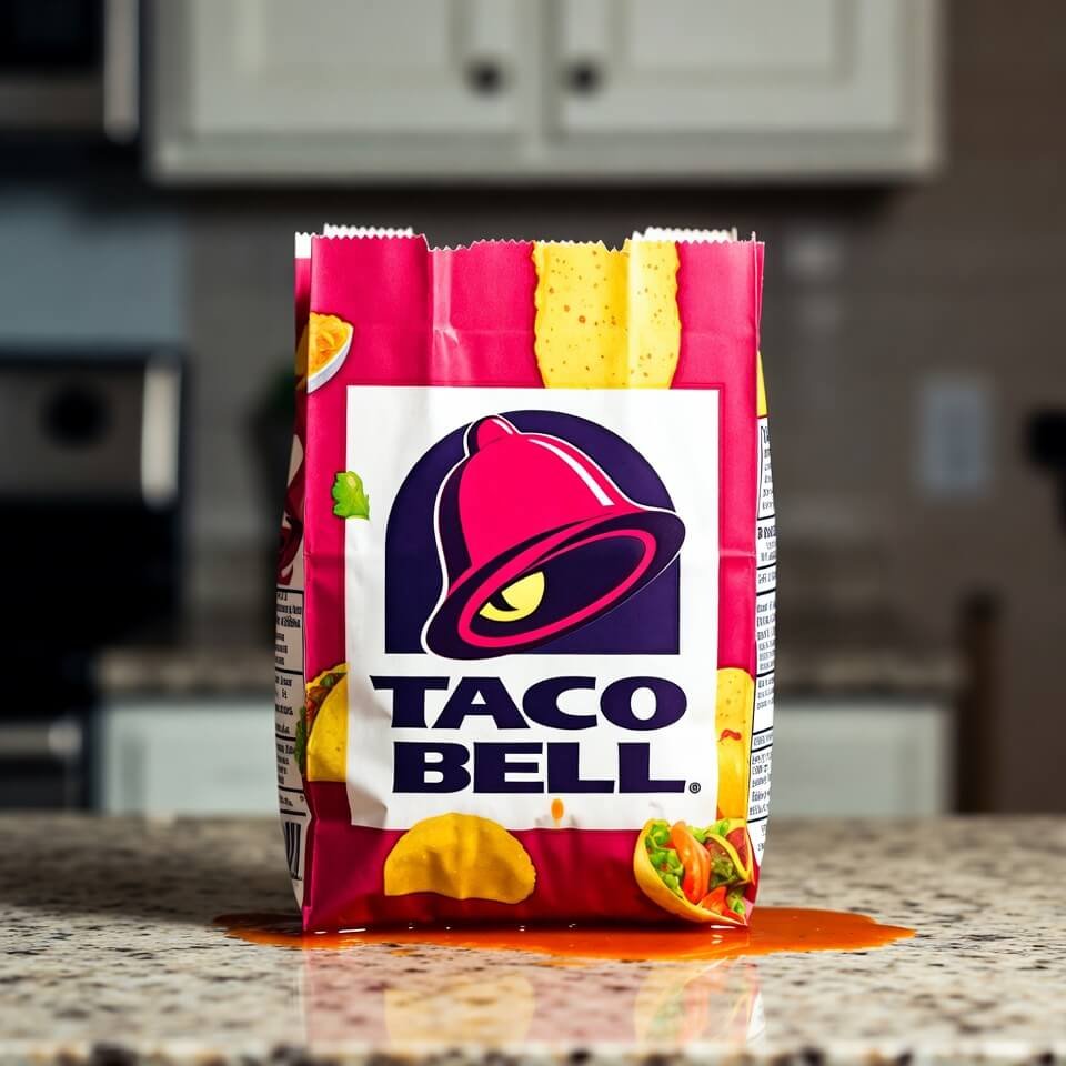 Greasy Taco Bell bag leaking sauce on kitchen counter