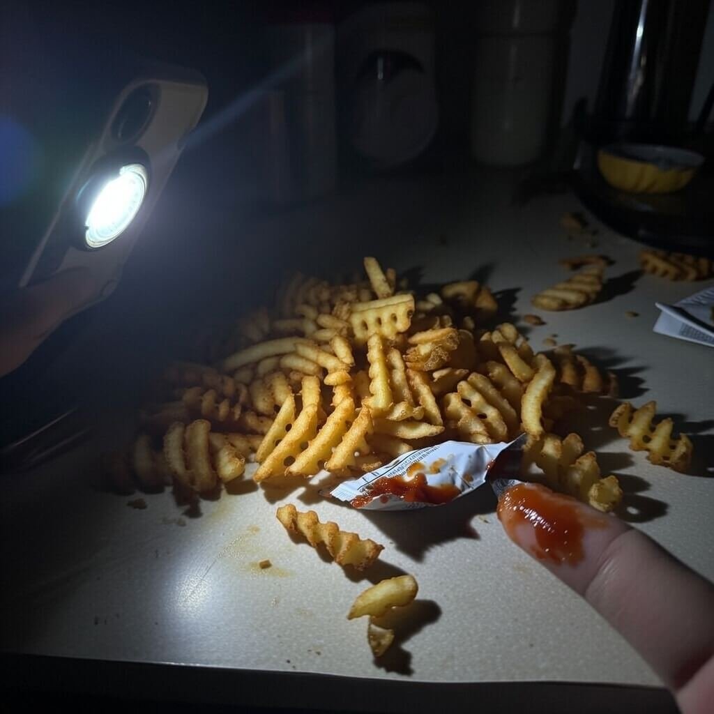 Waffle fries spilled on dark kitchen counter with sauce on thumb