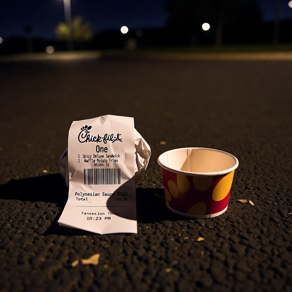 Crumpled Chick-fil-A receipt and empty Polynesian sauce cup