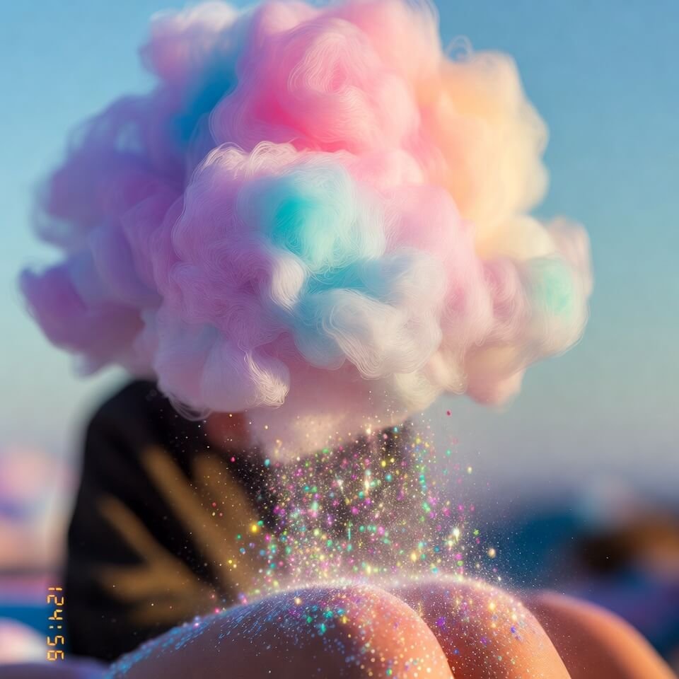 Blurry cotton candy cloud shedding glitter on lap, timestamp visible.