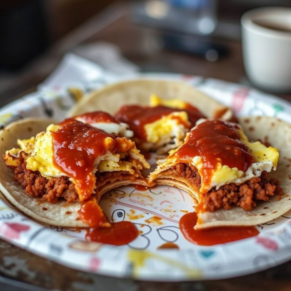 Out-of-focus chorizo breakfast tacos with dripping salsa on paper plate.