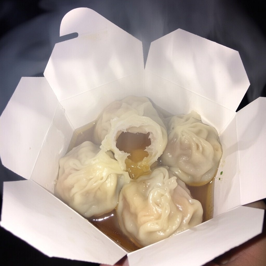 Bitten xiao long bao spilling soup with steam fog