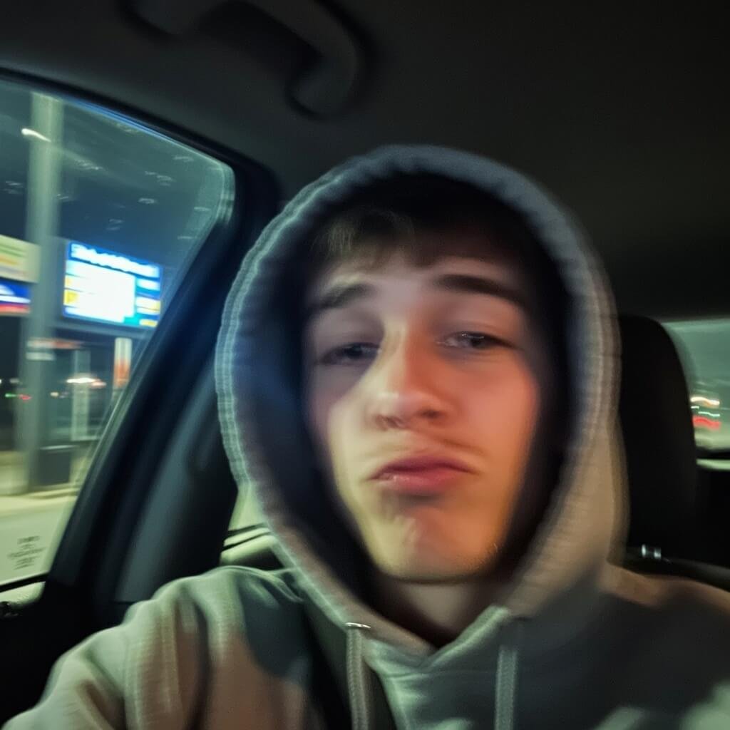 Blurry drive-thru selfie, tired yet excited face