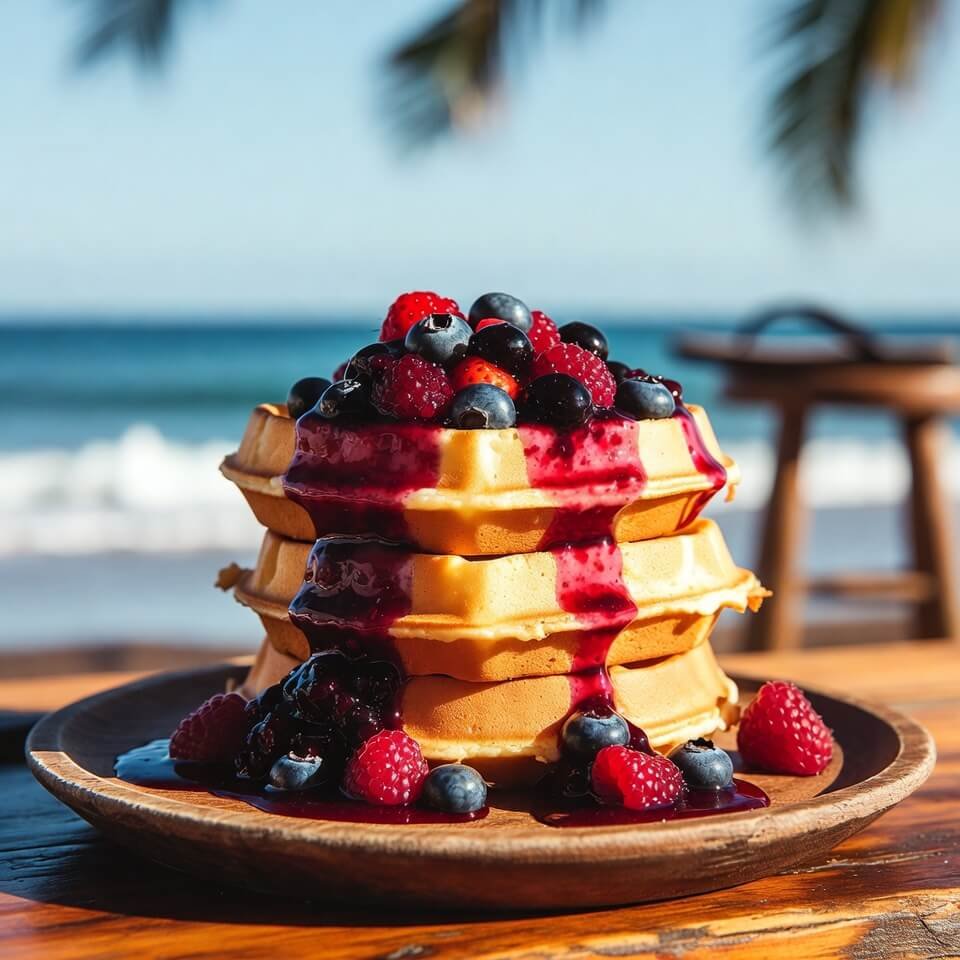 Stacked berry-topped waffles on beachside table with ocean view