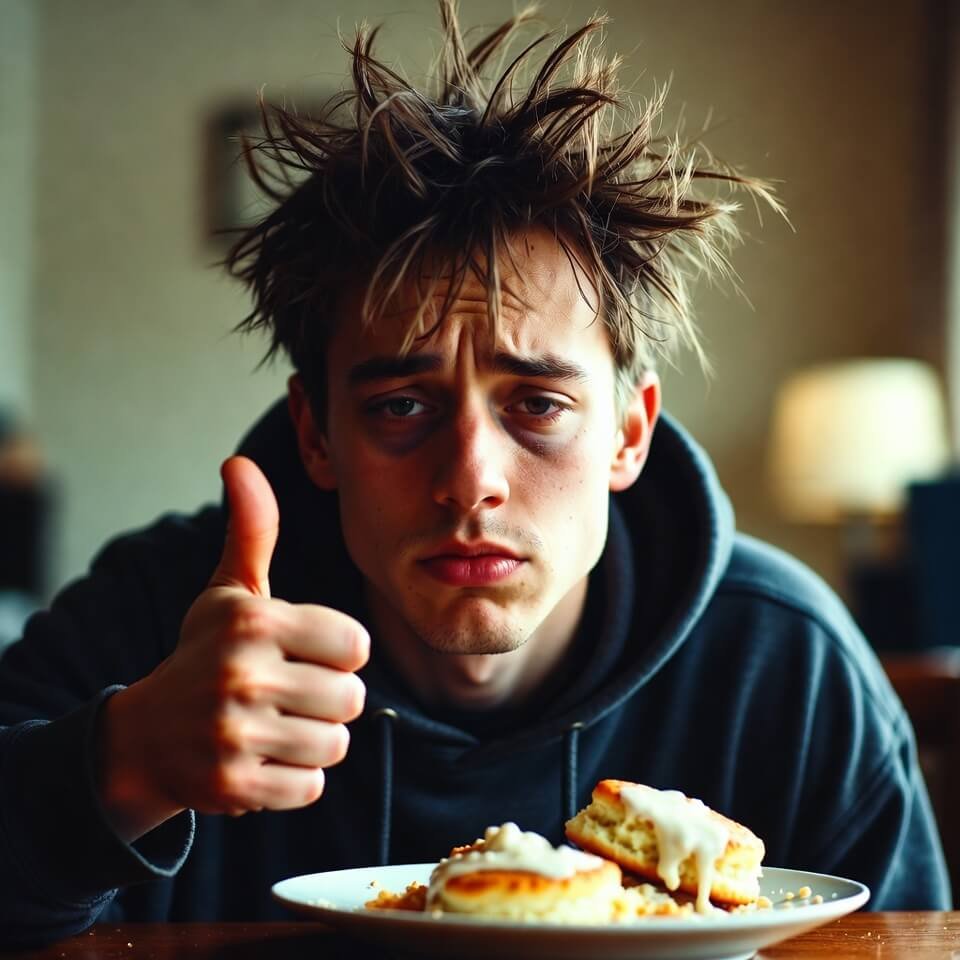 Tired person in hoodie giving thumbs-up beside empty biscuits and gravy plate, messy hair.