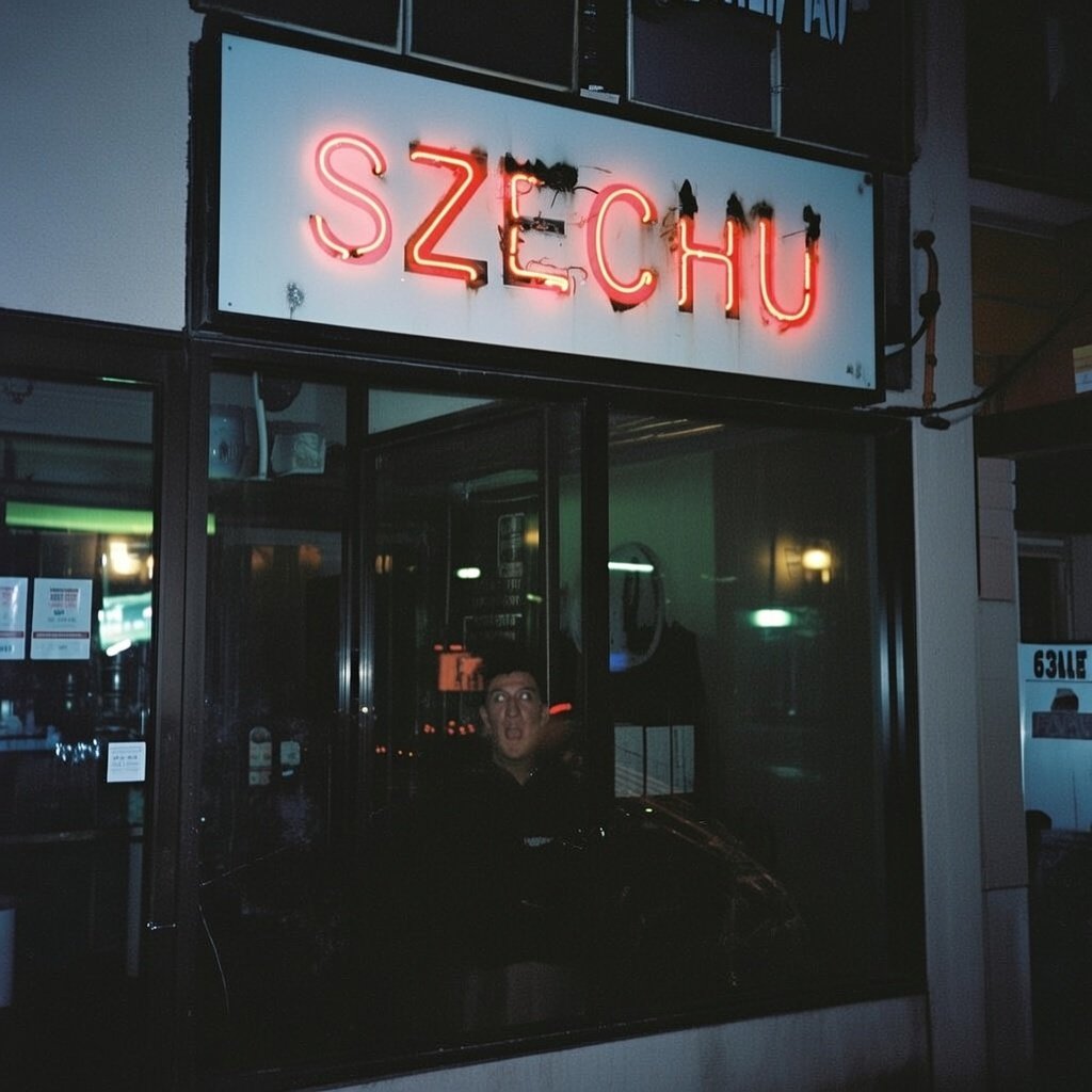 Grainy nighttime strip-mall SZECHU neon sign reflection