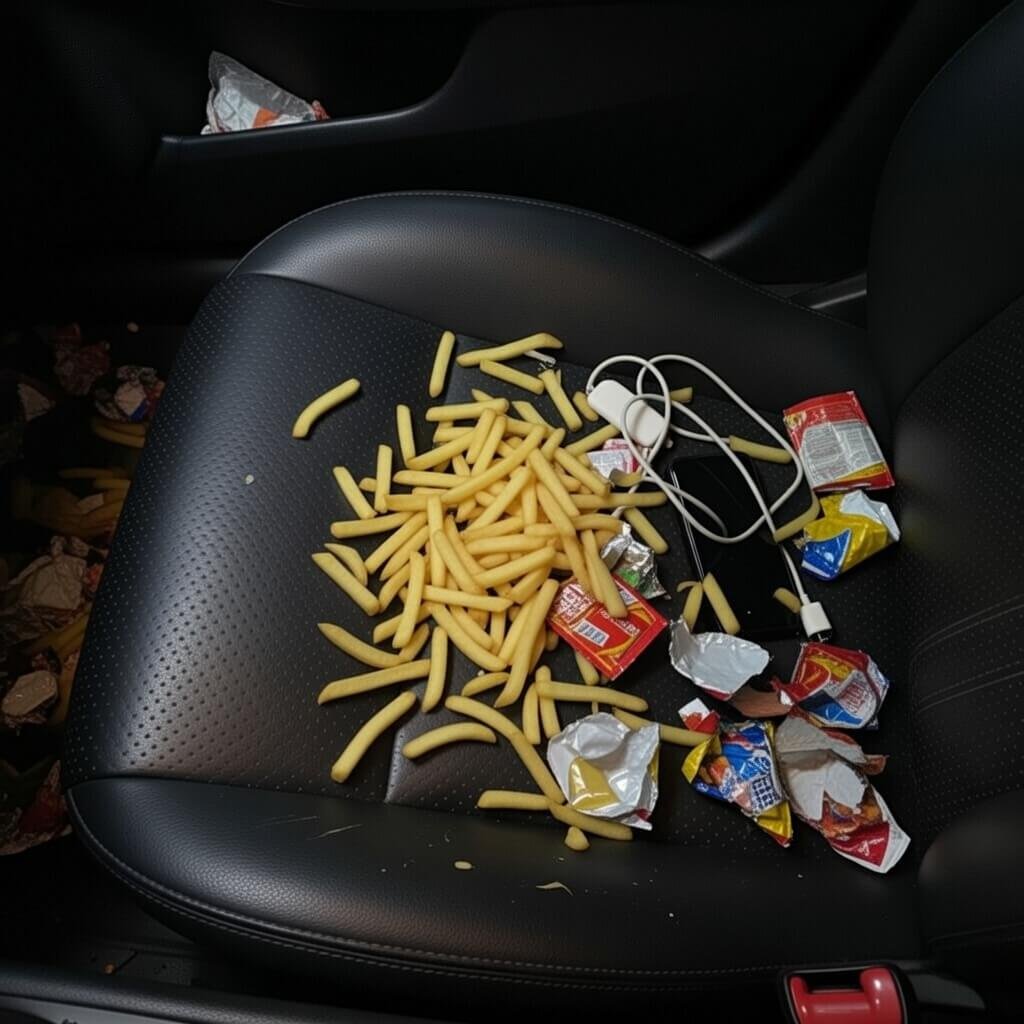 Passenger seat chaos with scattered fries and wrappers