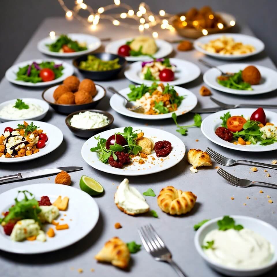 Overhead messy small-plates table with crumbs and fairy lights