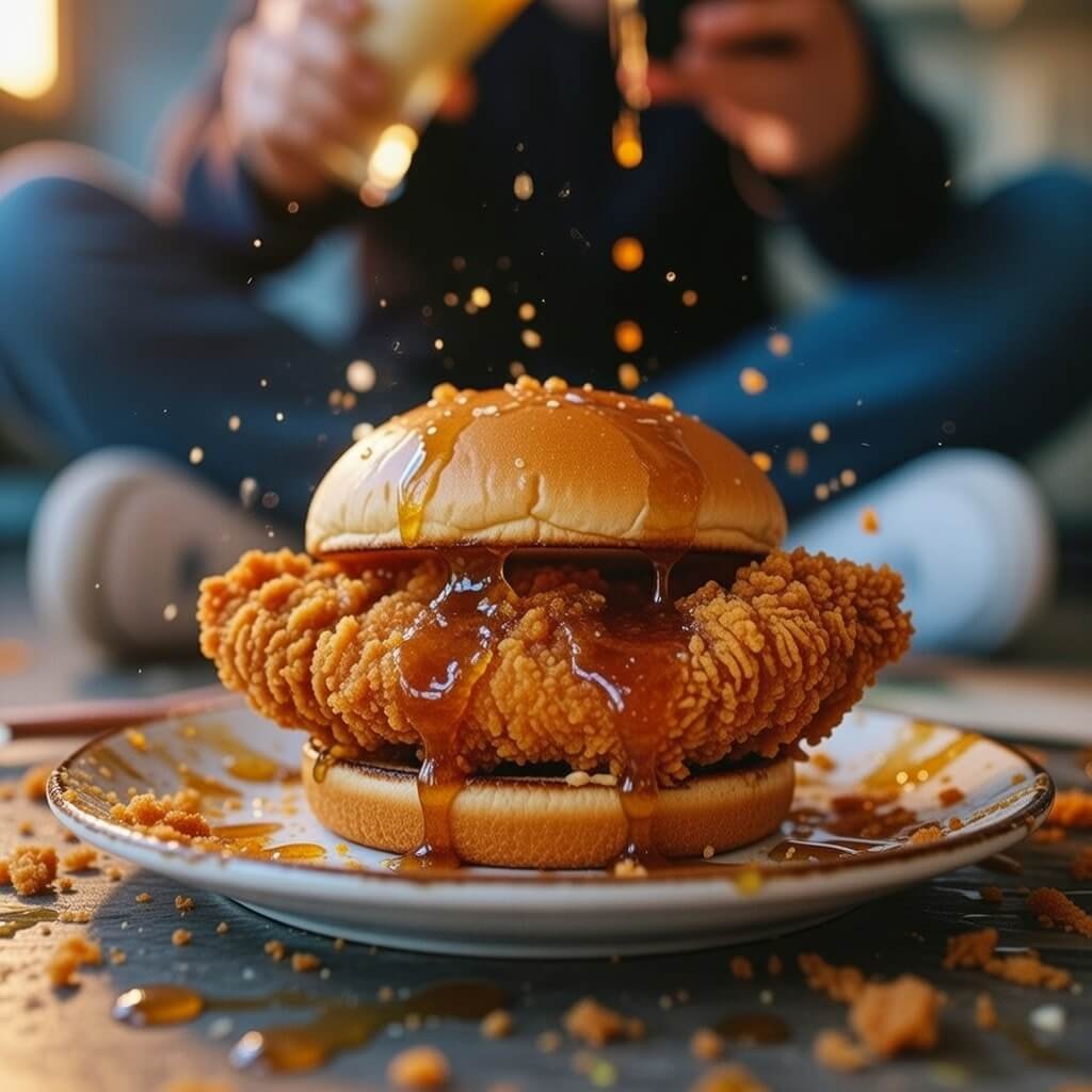 Crispy honey chicken sandwich dripping sauce from low floor angle.
